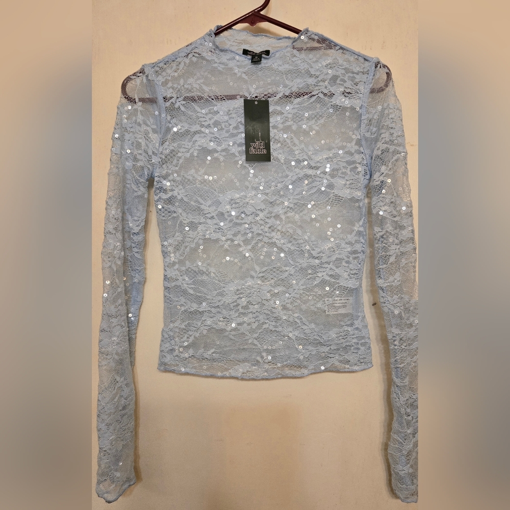 Blue Sheer Sequin Fitted Blouse